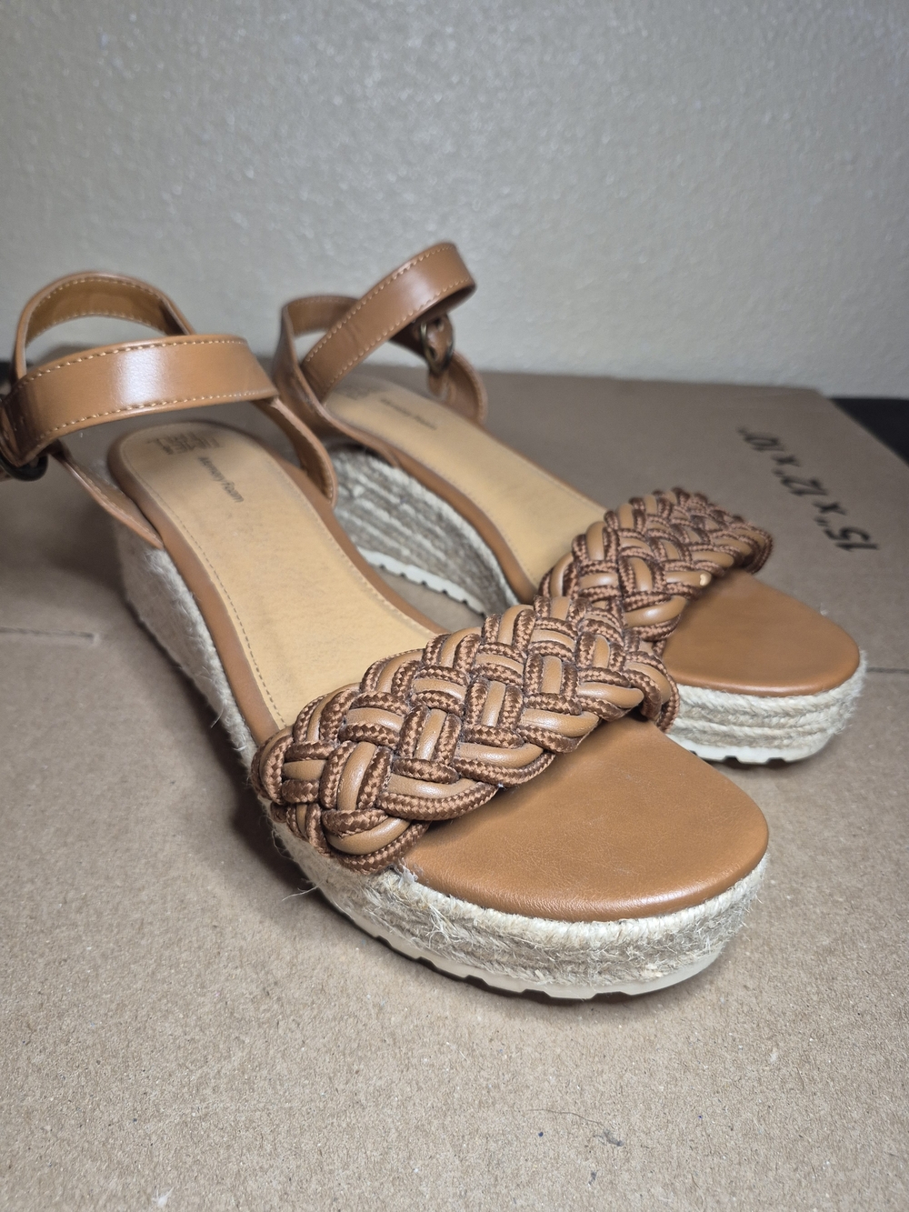 Time and Tru Braided Tan Espadrille Wedge Sandals